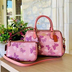 Coach Rowan Butterfly Leather Satchel/ Natalia Wallet Pink NWT Womens Authentic